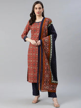Women Blue And Red Color Cotton Fabric Printed Fancy Kurta And Palazzo Dupatta Set